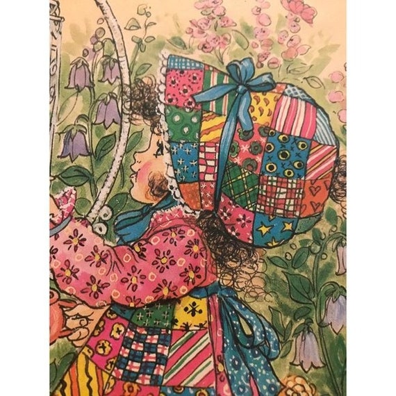 Retro Girl in Patchwork Dress and Bonnet, Framed Picture, Vintage 