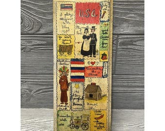 Vintage Wooden Americana Sampler Plaque Hand Painted Primitive USA Country