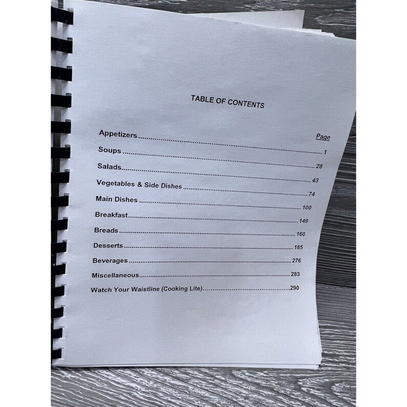 May include: A black and white table of contents page for a cookbook. The page lists various categories of recipes, including appetizers, soups, salads, vegetables and side dishes, main dishes, breakfast, breads, desserts, beverages, miscellaneous, and a section titled "Watch Your Waistline (Cooking Lite)". Page numbers are listed next to each category.