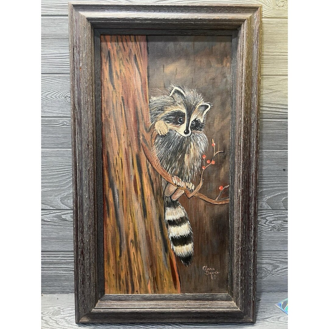 Rustic Raccoon Rustic Hand Painted Raccoon Adorable Folk Art Signed 1980 Barn Wood ...