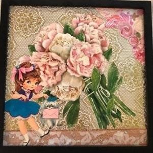 Vintage Girl with Pink Floral on Gold Handmade Collage Wall Art Pretty Framed Picture Feminine Fancy Teen Girl’s Powder Room