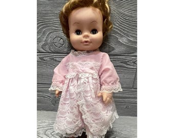 Vintage Horsman 15" Drink and Wet Rubber Baby Doll Pink Lace Dress Needs TLC