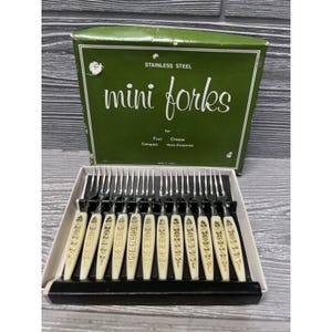 Vintage Set Little Forks 12 Stainless Steel Relish Hors D'oeuvres Japan in Box