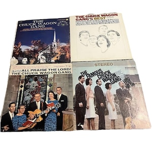 May include: Four vintage vinyl record albums by The Chuck Wagon Gang. Album covers feature images of a church, group portraits, and text. The albums are in various conditions, with visible wear and tear on the covers.