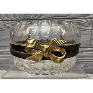 Trinket Box Round Glass Hinged Lid Gold Bow Vintage MCM 5” X 2.75” Hollywood