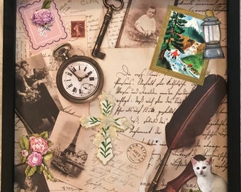 Vintage Greeting Cards Collage Art: Handmade Framed Wall Decor