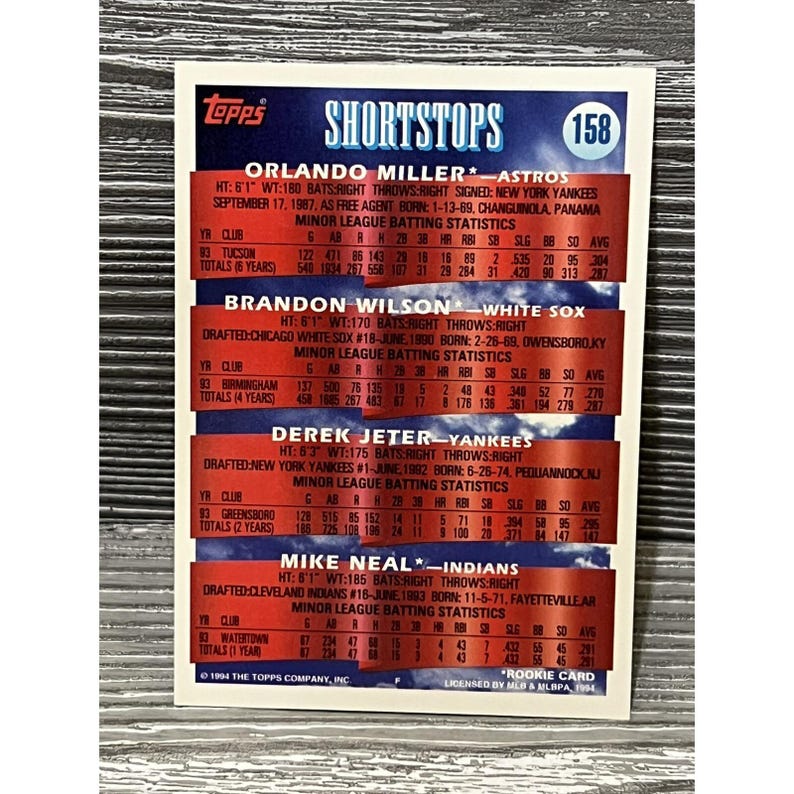 May include: A Topps baseball card featuring "Shortstops" with Orlando Miller, Brandon Wilson, Derek Jeter, and Mike Neal. The card includes player stats, team affiliations, and the Topps logo.