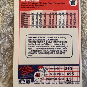 K&ouml;nnte beinhalten: Eine Baseballkarte mit Bo Jackson, einem professionellen Baseball- und Footballspieler. Die Karte ist rot, wei&szlig; und blau mit einem Foto von Jackson in einem Baseball-Uniform. Die Karte enth&auml;lt Statistiken &uuml;ber Jacksons Karriere, darunter sein Schlagdurchschnitt, seine Homeruns und RBIs. Die Karte enth&auml;lt auch einen "Wussten Sie schon?"-Abschnitt mit interessanten Fakten &uuml;ber Jacksons Karriere.