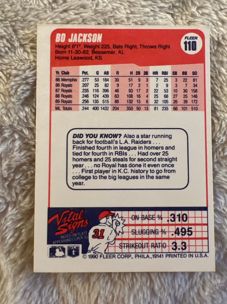 K&ouml;nnte beinhalten: Eine Baseballkarte mit Bo Jackson, einem professionellen Baseball- und Footballspieler. Die Karte ist rot, wei&szlig; und blau mit einem Foto von Jackson in einem Baseball-Uniform. Die Karte enth&auml;lt Statistiken &uuml;ber Jacksons Karriere, darunter sein Schlagdurchschnitt, seine Homeruns und RBIs. Die Karte enth&auml;lt auch einen "Wussten Sie schon?"-Abschnitt mit interessanten Fakten &uuml;ber Jacksons Karriere.
