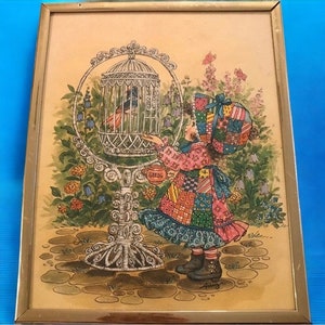 Retro Girl in Patchwork Dress and Bonnet, Framed Picture, Vintage 70s Art Wall