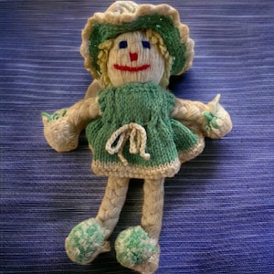 Vintage Kitsch Handmade Yarn Doll, Green Dress with Removable Hat