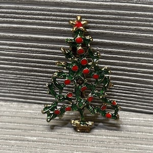 Vintage Christmas Tree with Red Balls Lapel Pin Brooch Gold Tone Retro Holiday