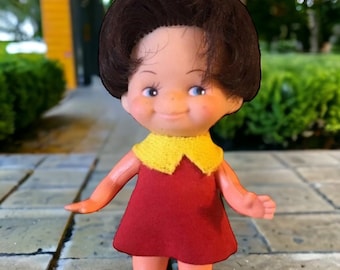 Vintage Small Plastic Doll, Little Girl with Bushy Brown Hair, Smiling, 4 1/2 inches