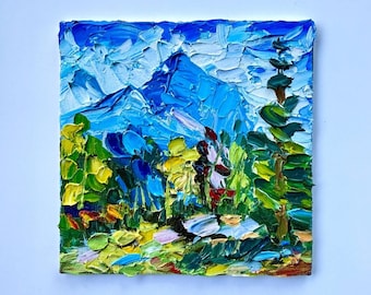 Combinación brillante y colorida de paisaje montañoso realista y arte moderno en representación abstracta-fantástica con técnica de empaste.