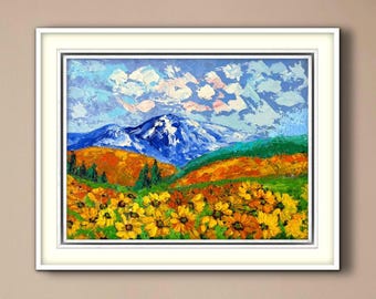 Mountains Valley. Reflection Reality in Art. Plant and Floral World in Abstract-Fantasy Oil Representation.