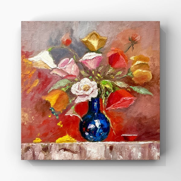 Floral Artwork. Original. Mix of Modern Abstract Art and Real Life in Single Fully Handmade Piece of Art. Floral Painting as Wall Art Decor.