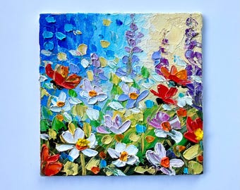 Combinaison de couleurs vives, composition florale réaliste et art moderne dans une représentation abstraite-fantastique à empâtement.