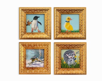 Set of 4. Combination Real Life Animal's World and Modern Art in Humorous Representation.