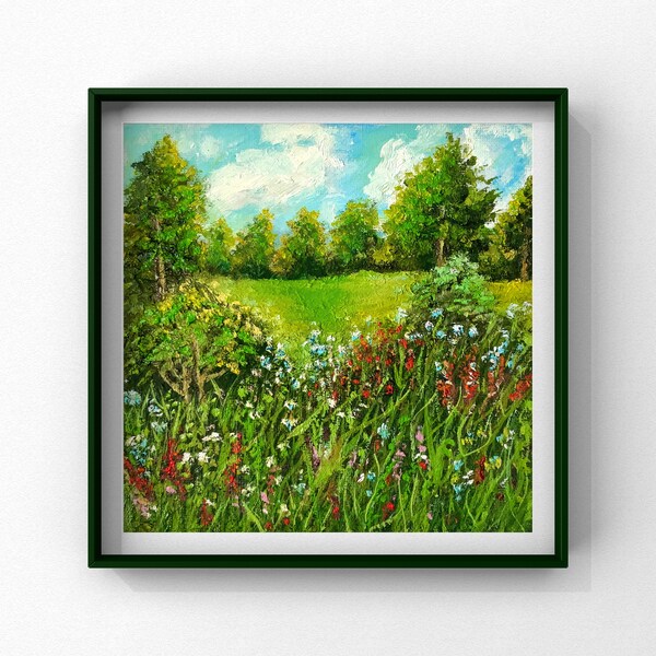 Summer Field Landscape. Original. Mix of Art and Real Life in Single Fully Handmade Oil Piece of Art. Landscape Painting as Wall Art Decor.