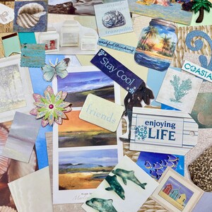 May include: A collage of coastal-themed decorative elements. Includes images of seashells, dolphins, and beach scenes. There are also tags with phrases like "Stay Cool" and "enjoying LIFE". The color palette is primarily blues, greens, and beige.