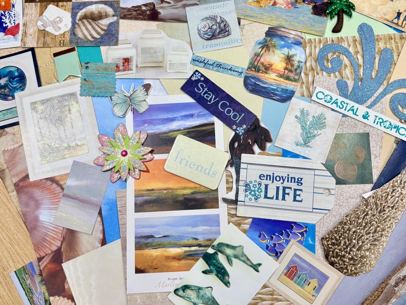 May include: A collage of coastal-themed decorative elements. Includes images of seashells, dolphins, and beach scenes. There are also tags with phrases like "Stay Cool" and "enjoying LIFE". The color palette is primarily blues, greens, and beige.