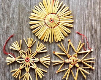 Vintage Handmade Straw Christmas Ornaments: Scandinavian Star Snowflake Set