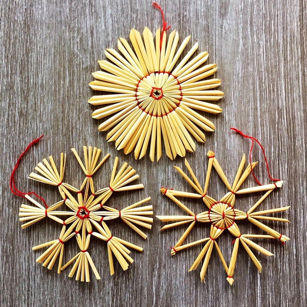 Vintage set of three Handmade German Scandinavian Straw Woven Star Snowflakes Christmas Tree Ornaments