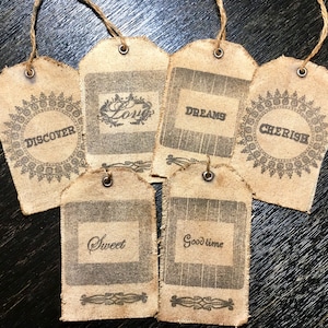 Junk Journal set of 6 Tea Dyed burlap fabric junk tags handmade vintage antique shabby chic ephemera gift tags