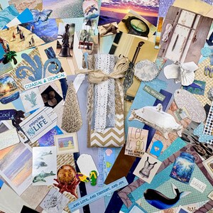 May include: A collage of various coastal and tropical themed items. Includes postcards, decorative elements, and paper cutouts with phrases like "Coastal & Tropical", "Enjoying Life", and "Stay Cool". The color palette is dominated by blues, whites, and beige.