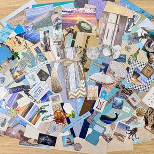 May include: A collection of assorted paper ephemera with a coastal theme, including images of beaches, seashells, and marine life. The collage features various textures and colors, with a central gift bag tied with twine.