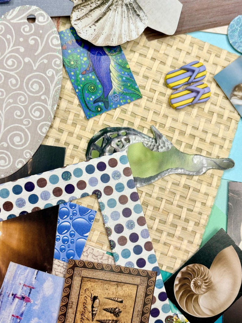 May include: A collage of beach-themed elements. Includes a seashell, a mermaid illustration, miniature yellow and purple flip-flops, and various patterned paper cutouts. The color palette features blues, greens, and neutral tones, evoking a coastal aesthetic.