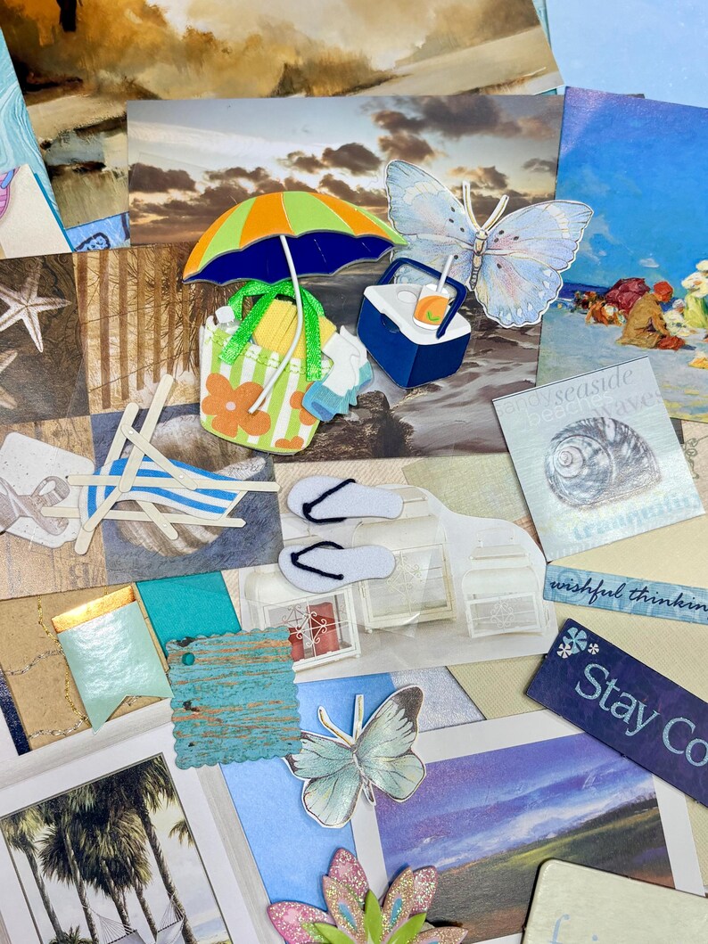 May include: A collage featuring beach-themed cutouts and images. Includes a miniature beach umbrella, a cooler with a drink, a striped tote bag, and a butterfly. Other elements include a seashell image, a wooden sign, and the words "Stay Cool".