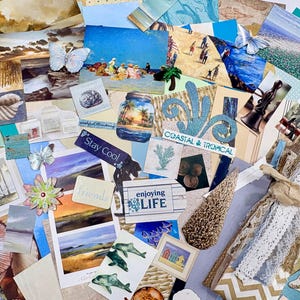 May include: A collage of coastal and tropical themed ephemera. Includes images of beaches, butterflies, seashells, and the text "Coastal & Tropical" and "enjoying LIFE". Various textures and colors create a visually appealing arrangement.