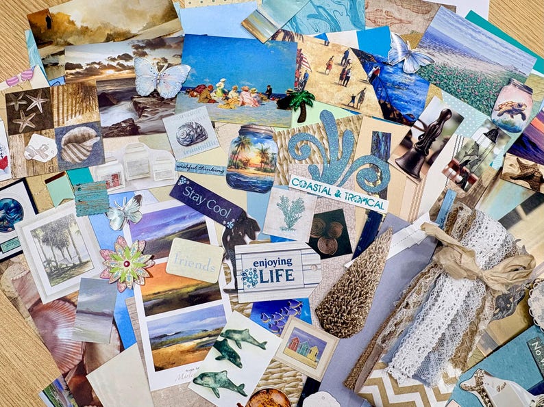 May include: A collage of coastal and tropical themed ephemera. Includes images of beaches, butterflies, seashells, and the text "Coastal & Tropical" and "enjoying LIFE". Various textures and colors create a visually appealing arrangement.