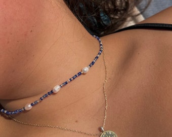 Mykonos Blue Pearl Beaded Necklace