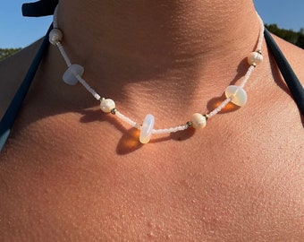 Sea Glass Golden Pearl Beaded Necklace