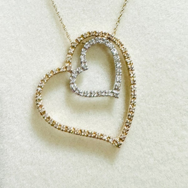 Vintage Y2K Natural Diamond Solid 10k Two-Tone White & Yellow Gold Romantic Double Open Pave Hearts Statement Pendant Chain Necklace 18”