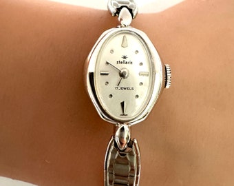 vintage MCM Stellaris 17 rubis montre-bracelet pour dames moderne du milieu du siècle en acier inoxydable à remontage automatique en acier inoxydable 6,5 pouces