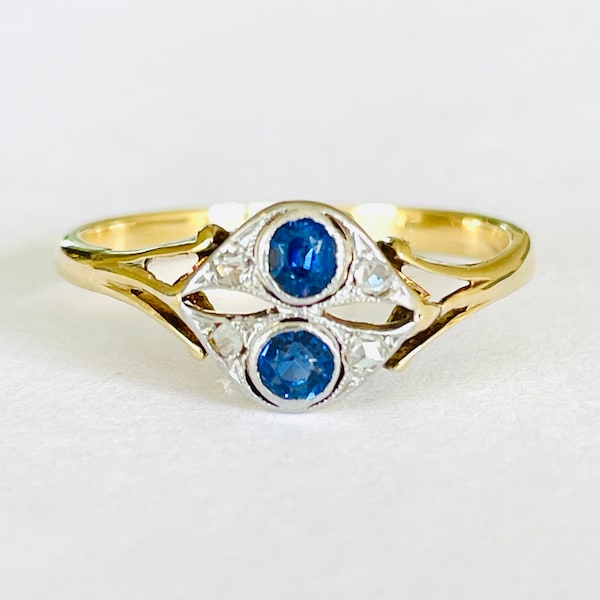 Antique Solid 18k Yellow Gold & Platinum Natural Royal Blue Sapphire Old Mine Cut Diamond Estate Victorian Toi   Et Moi Ring Size 6.75