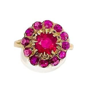 Pink Sapphire & Ruby Solid Yellow 10k Gold Handcrafted Halo Target Vintage Statement Cocktail Ring Size 6