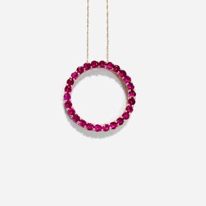 Vintage 1990s 1.2ct Ruby Solid 10k Yellow Gold Gemstone Open Circle Ring Pendant Chain Link Necklace 3g 19”