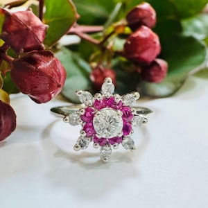MCM 1960s Natural Diamond & Ruby Solid 14k White Gold Unique Double Halo Nature Inspired Vintage Estate Cocktail or Engagement Ring Sz 5.75