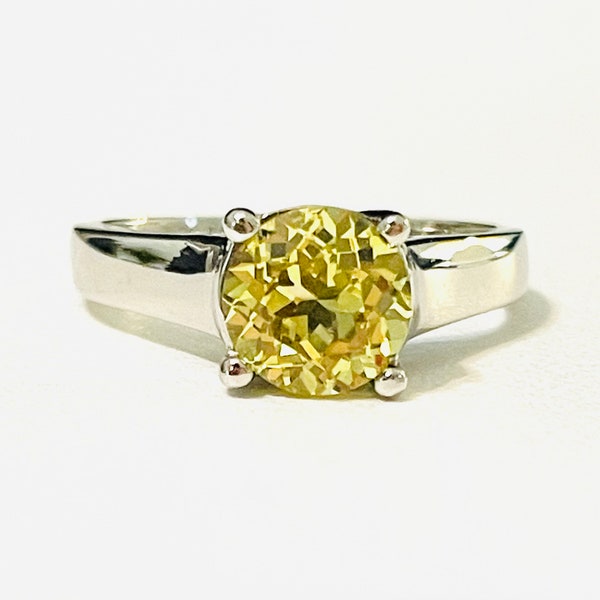 Solid Palladium 1.5ct Lemon Yellow Sapphire Round Vintage Solitaire Statement or Engagement Ring Size 6.5