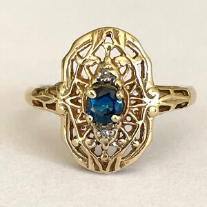 Vintage Art Deco Natural Sapphire & Diamond Solid 10k Yellow Gold Estate Shield Statement Cocktail Engagement Ring 6