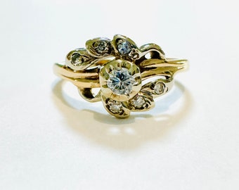 1940s Natural OEC & Transition Cut Diamond Solid 14k Two-Tone White Yellow Gold Vintage Estate Statement Engagement or Cocktail Ring Sz 7.25