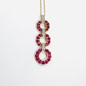 Vintage 1.76ctw Natural Red Round Ruby & Diamond Solid 10k 2-Tone White and Yellow Gold Estate Mid-Century Pendant Chain Necklace 18” 3.6g