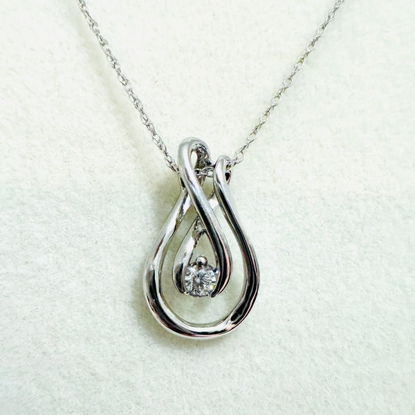 Vintage 1990s Natural Brilliant Diamond Solid 10k White Gold Radiant Love Infinity Estate Pendant Chain Necklace 18”