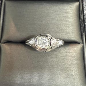 Antique 1920s Art Deco Natural OEC Old European Cut Diamond Solid 18k White Gold Ornate Flush Dome Solitaire Estate Engagement Ring Size 5.5