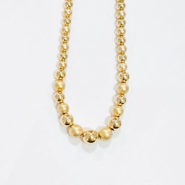 Estate Solid 14k Yellow Gold Brushed and Shiny Graduated Bead Statement Necklace 4.3g 17”