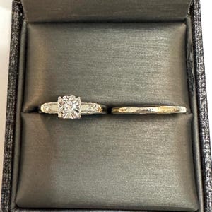 Vintage 1940s Mid-Century Natural Diamond Solid 14k Two-Tone White & Yellow Gold Estate Retro Engagement Ring Wedding Band Bridal Set